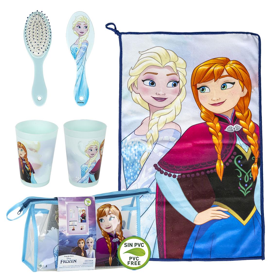 Trousse de toilette enfant La Reine des Neiges DISNEY FROZEN avec gobelet, brosse à cheveux et serviette main - ensemble de voyage