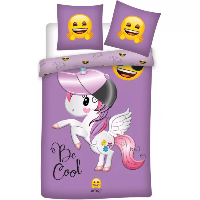 Parure lit Housse de couette réversible EMOJI UNICORN 140 x 200 cm 100% Coton - Lit 1 place