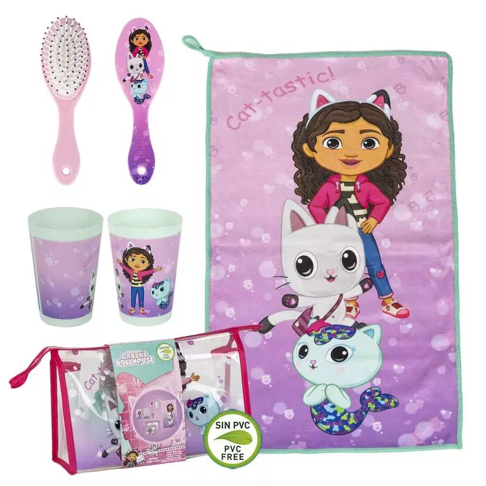 Trousse de toilette enfant GABBY'S DOLLHOUSE avec gobelet, brosse à cheveux et serviette main - ensemble de voyage
