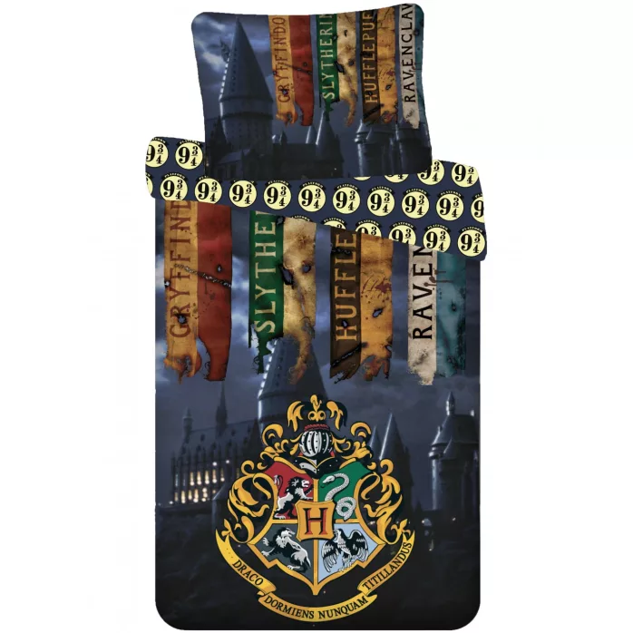 Parure lit Housse de couette réversible enfant Harry Potter en 100% coton, 140×200 cm et taie d'oreiller 70×90 cm - Lit 1 place