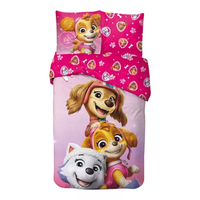 Ensemble de linge de lit La Pat' Patrouille "Pink Squad" en coton, comprenant une housse de couette de 140x200cm et une taie d'oreiller de 65x65cm, pour des nuits d'aventures colorées!