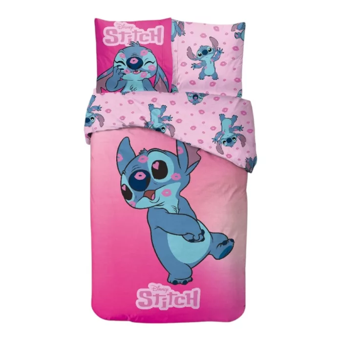 Ensemble de literie magique Disney Lilo et Stitch avec baisers de roses - Housse de couette 140x200 cm + taie 65x65 cm pour un sommeil enchanteur! 100% coton
