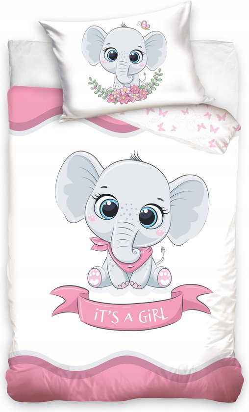 Parure lit Housse de couette réversible " Elephant It's a Girl kids " 100% coton pour bébé 100 × 135 cm