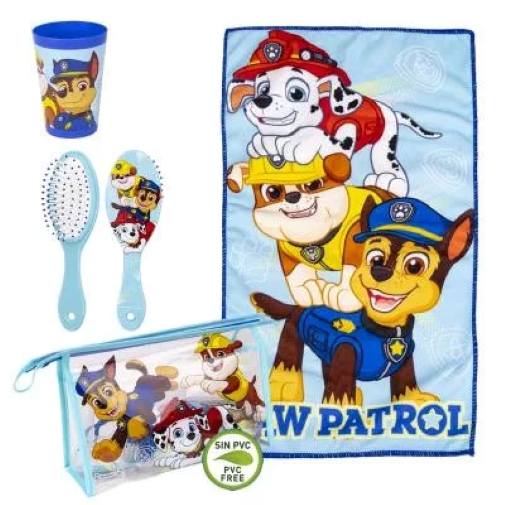 Trousse de toilette enfant la PAT PATROUILLE avec gobelet, brosse à cheveux et serviette main - ensemble de voyage