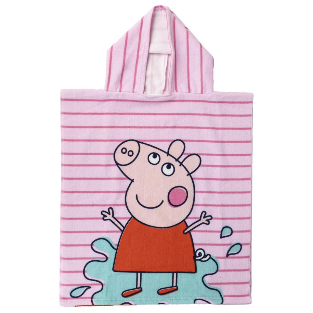 Poncho de serviette de plage Peppa Pig pour enfants, dimensions 50 x 115 cm, idéal pour des journées ensoleillées à la plage.