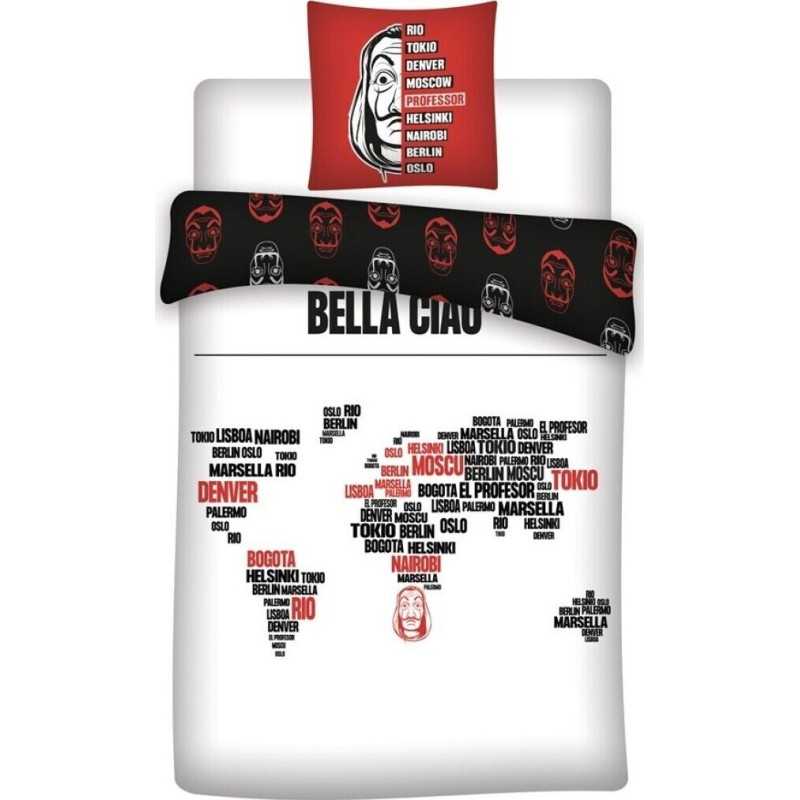 Parure lit Housse de couette réversible LA CASA DE PAPEL 140x200cm 100% Coton - Lit 1 place - Bella ciao
