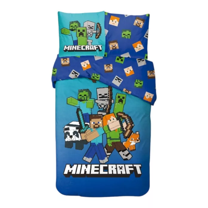 Set de literie Minecraft Block World - Éveillez l'aventurier en votre enfant avec cet ensemble en coton doux, comprenant une housse de couette 140x200 cm et une taie 65x65 cm.