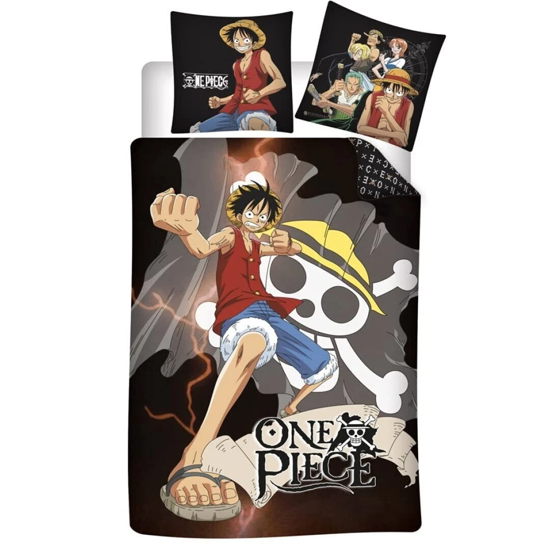 Parure lit Housse de couette réversible ONE PIECE 140x200cm luffy et tête de mort kai ace gear five